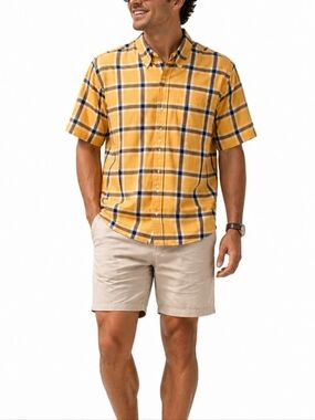 Men Yellow Plaid Button Down Shirt Short Sleeve Casual Summer 100% Cotton Medium